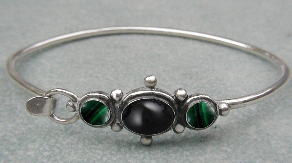 Sterling Silver Victorian Inspired Strap Latch Spring Hook Bangle Bracelet with Black Onyx And Malachite